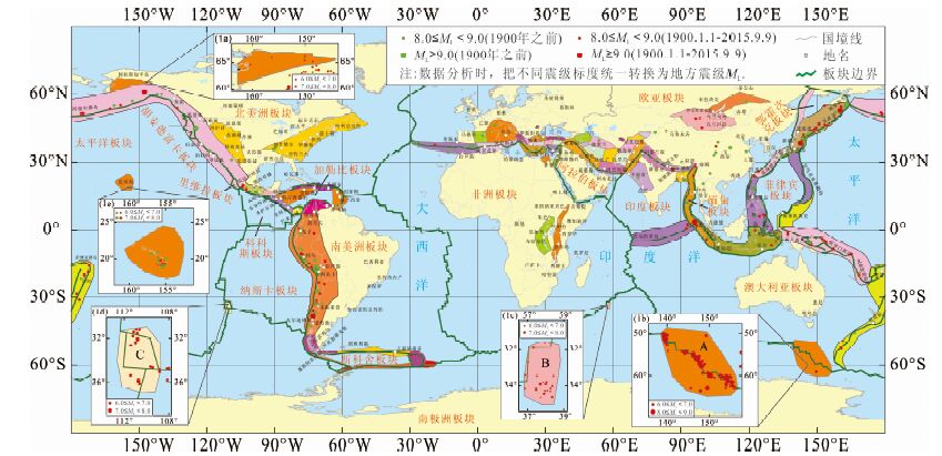 (图 1a 阿拉斯加半岛地震区,图 1b,1c,1d与1e表示对大洋海岭地震带