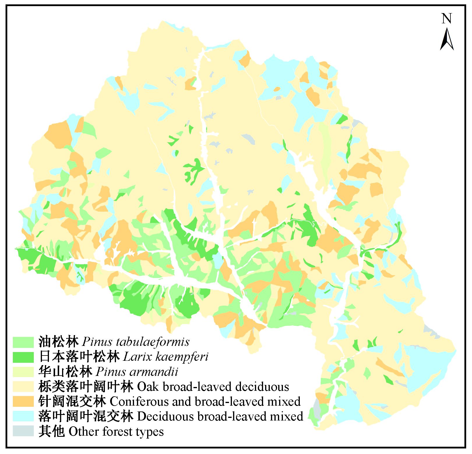 2),图 2反映森林优势树种(组)类型信息,油松林,华山松林,日本落叶