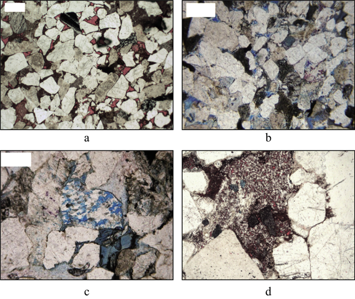 储层孔隙空间结构a残余原生孔; b粒间溶孔; c粒内溶孔; d高岭石晶间孔