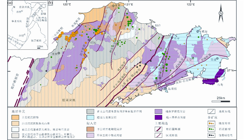 矿  胶东半岛位于华北克拉通东南缘,以郯庐断裂带为界与鲁西地区相邻