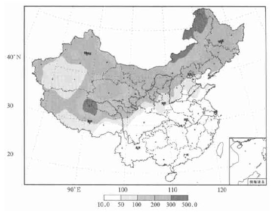 我国气象观测所记载的极端最大冻土深度 (单位:cm) 空间分布图