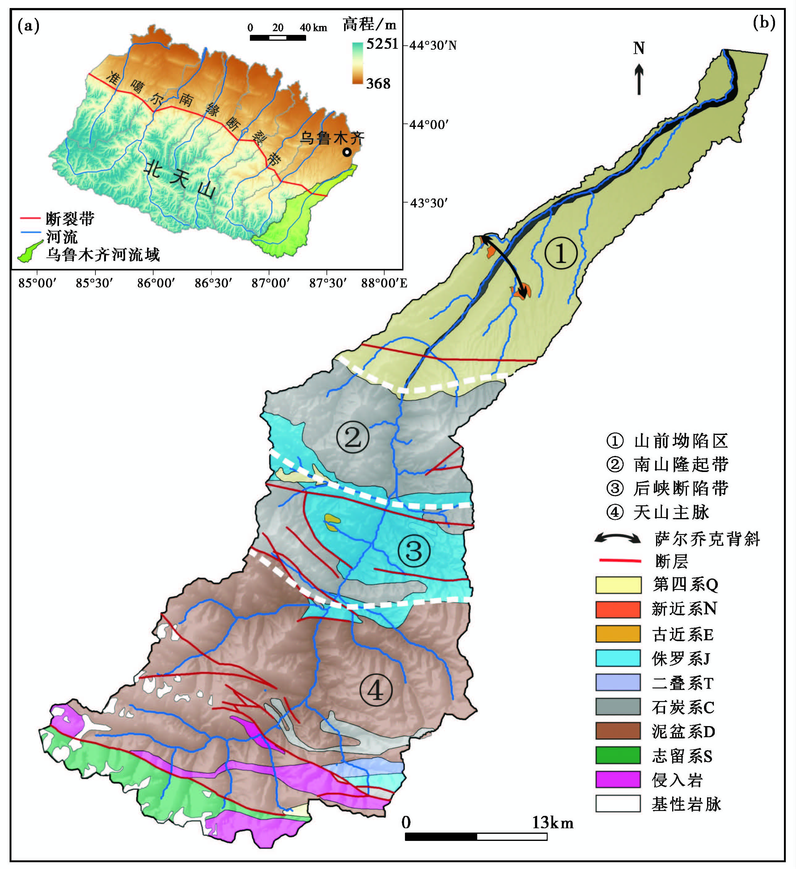 图1   乌鲁木齐河流域地质构造简图地形与水系基于数字高程模型(dem)
