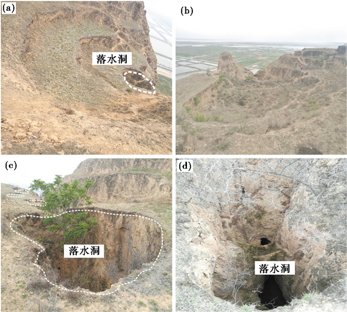 b-b′剖面起點附近,(b)滑坡後緣侵蝕溝,(c) b-b′物探剖面110 m處落水