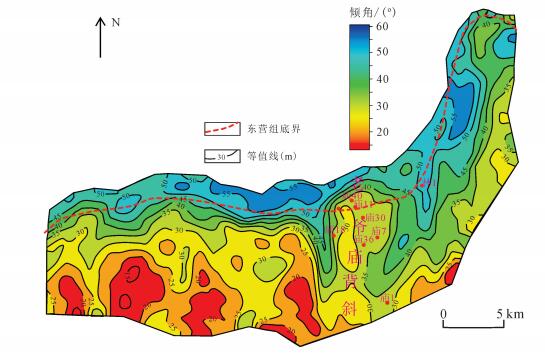 西南庄断层断面倾角分布图             figure   dip angle on