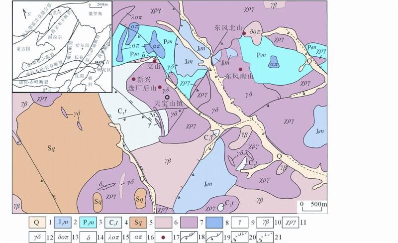 天寶山礦集區大地構造位置(據陳衍景等,2012修改)與礦區地質略圖