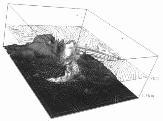 00 utc气旋相对涡度为17×10 -3 s -1的等值面立体图像