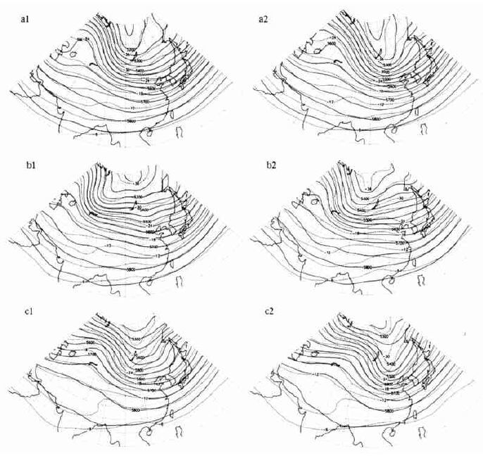 沙尘暴前一日西北冷锋,(a2) 沙尘暴日西北冷锋,(b1) 沙尘暴前一日槽脊